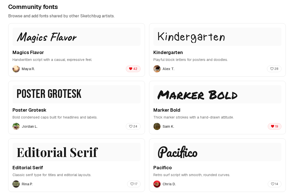 Font Hub community tab showing shared custom fonts