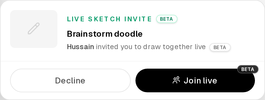 Live sketch invite popup with Join live and Decline actions