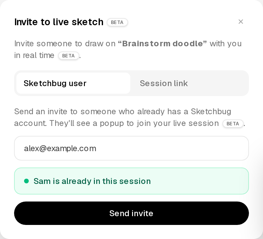 Invite to live sketch modal with email invite and session link tabs